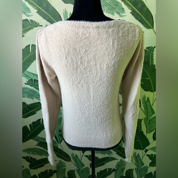 Le Lis Beige Fuzzy Square Neck Sweater Top Size L - Picture 3 of 5